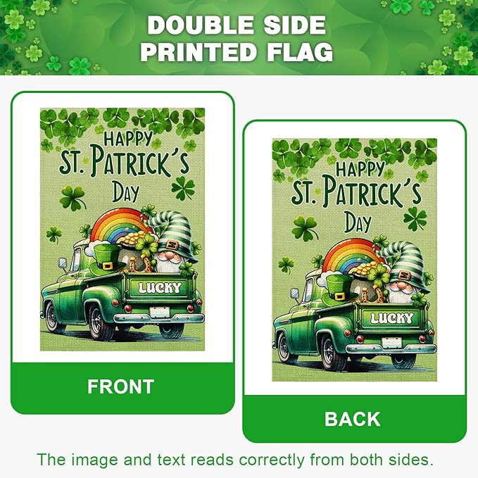 Happy St Patricks Day Garden Flag 12x18 Inch Double Sided Lucky Clovers Shamrocks Gnome Rainbow Truck Outside Small Flag for Yard Outdoor Holiday Decoration