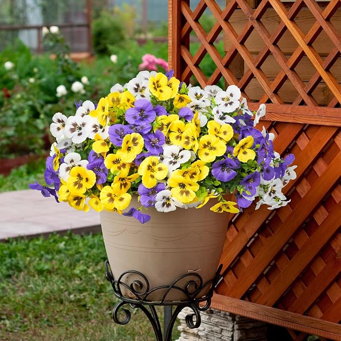 SupBri 18 Bundles Artificial Flowers for Outdoor, UV Resistant Fake Pansy Flowers, Silk Faux Fowers for Outdoor Planters Home Garden Office Patio Front (Yellow/Purple/White)