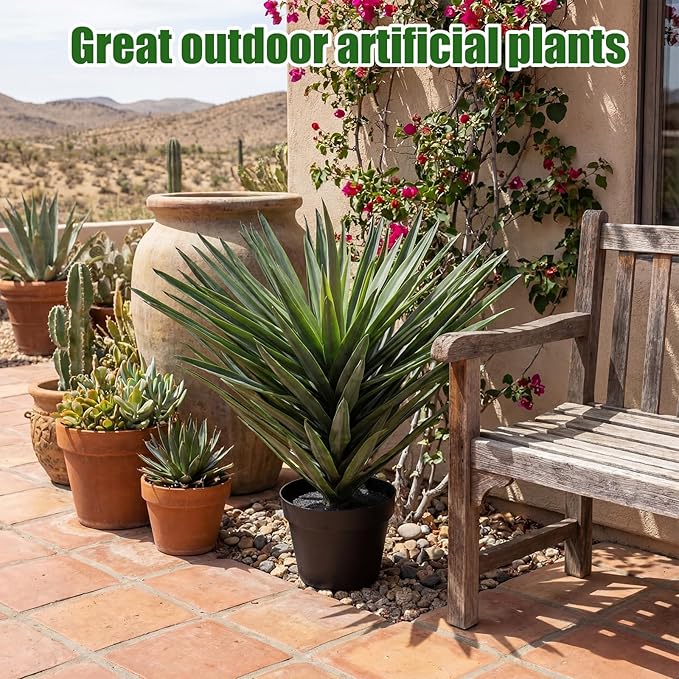 Giegxin 1 Pcs 27'' Artificial Agave Plant in Black Pot Faux Agave Plant Potted with 110 Realistic Leaves UV Resistant Artificial Greenery Outdoor Indoor for Housewarming Gift House Garden