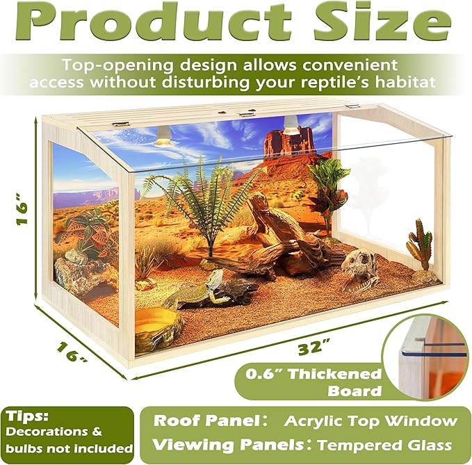 PROLEE Tempered Glass Bearded Dragon Tank,Reptile Tank with Clear Window View, Anti-Scratch Lizard Tank,Spacious Reptile Enclosure for Snakes, Lguanas, Chameleons