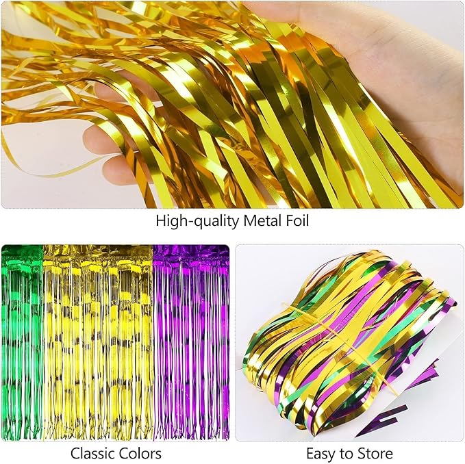 ADXCO 2 Pack Mardi Gras Table Skirts Party Decorations Metallic Foil Fringe Disposable Tinsel Table Skirt Gold Green Purple Banner Garland, 29 x 106 Inches