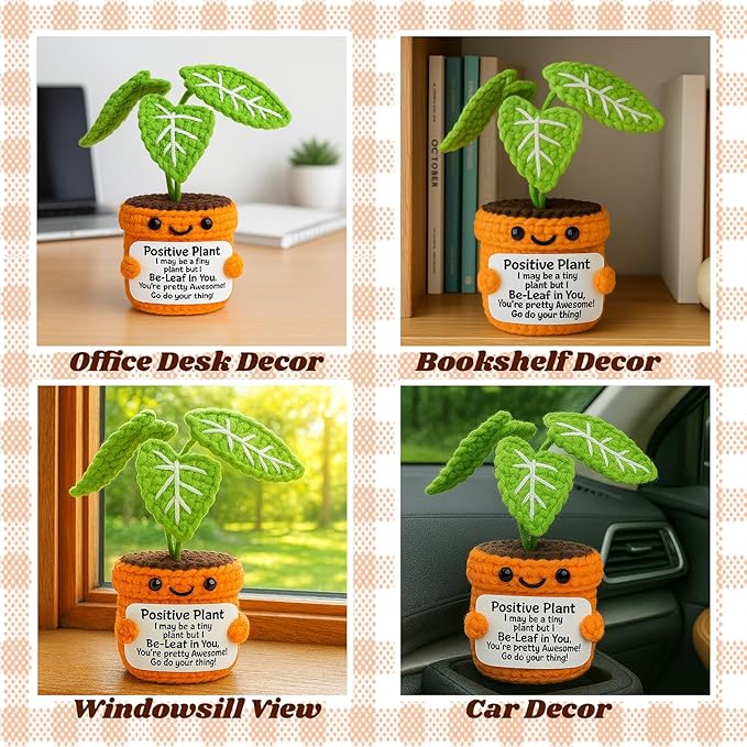 TKGIFTHOT Crochet Positive Plant Inspirational Gifts for Women Coworker Plant Lovers Friends Home Office Gifts Desk Decor Handmade Knit Potted Bookshelf Decorations