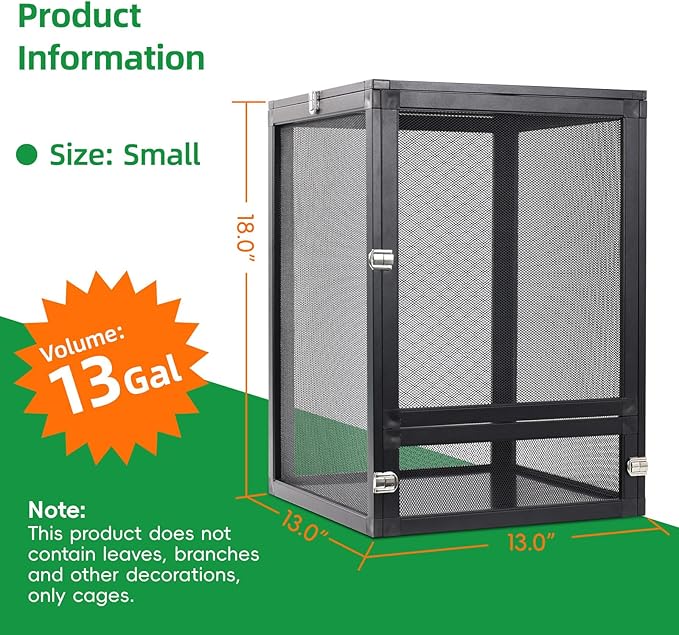 BINANO 13 Gal Detachable and Foldable Reptile Butterfly Cage Terrarium, 360° Observation, Airflow, Interaction in Gecko Tank for Crested Geckos, Leopard Geckos, Chameleons, Bearded Dragons