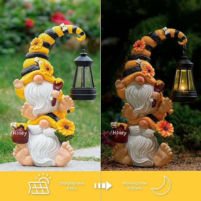 Solar Bee Garden Gnomes with LED Lantern – Waterproof Stacked Outdoor Decor for Yard, Patio – Unique Gnome Gift for Women, Mom, Grandma (Weatherproof Resin, Outdoor Statues)