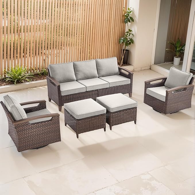 Rilyson Wicker Outdoor Patio Furniture Set - 5 Piece Patio Conversation Sets with Swivel Rocker Chairs, Ottomans and Sofa, Thick Cushions, Waterproof Wicker, for Porch Deck Brown/Beige