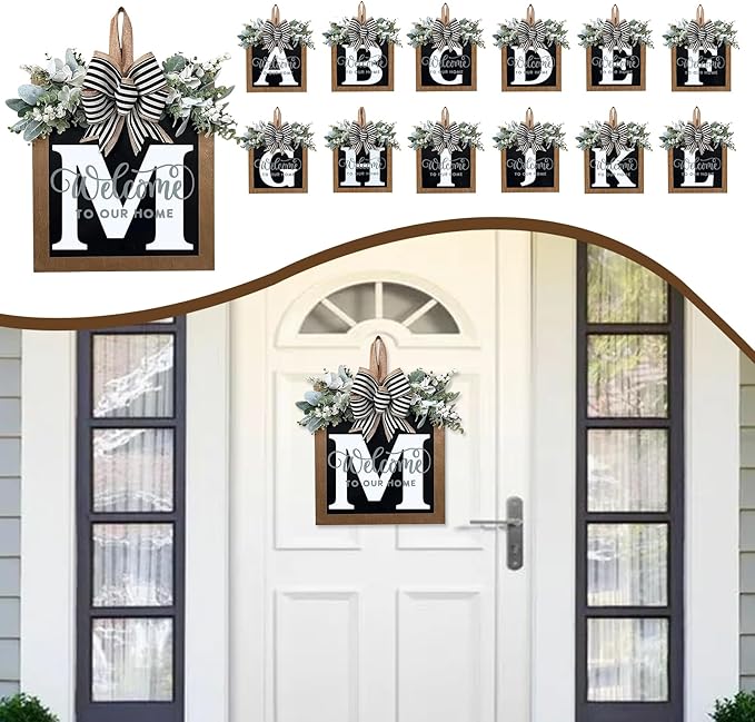 Ultra Large 14'' Last Name All Year Round Front Door Wreath with 26 Initial Letter Welcome Sign All Seasons Eucalyptus Garland and Bow Wreaths for Front Door Porch Farmhouse Decoration (M)