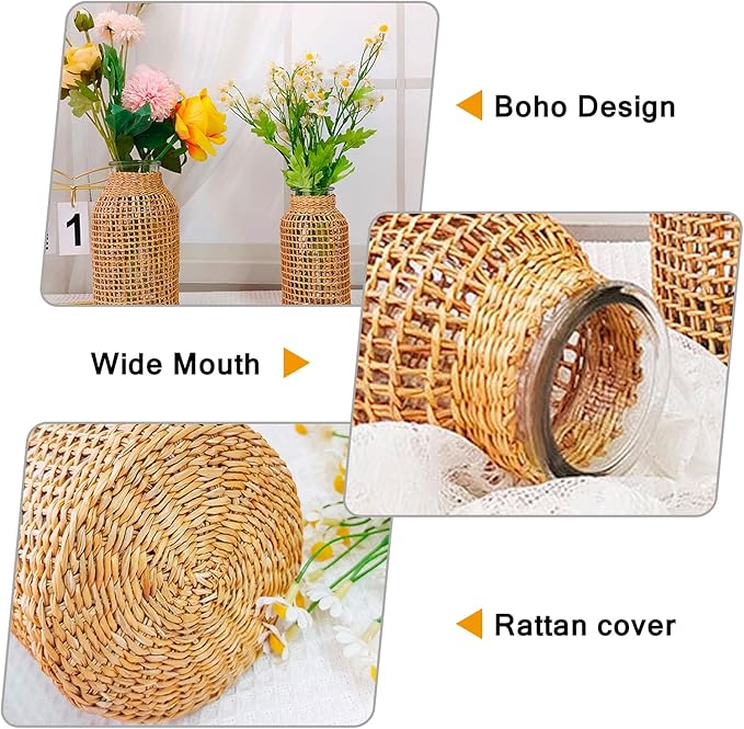 MDEOOSKY Straw Woven Glass Vase 7.87''x1.96''x4.13''Boho Glass Flower Vase Country Rustic Style Vase Glass Vase for Floral Arrangements Bottle Height (B Style 7.87IN)