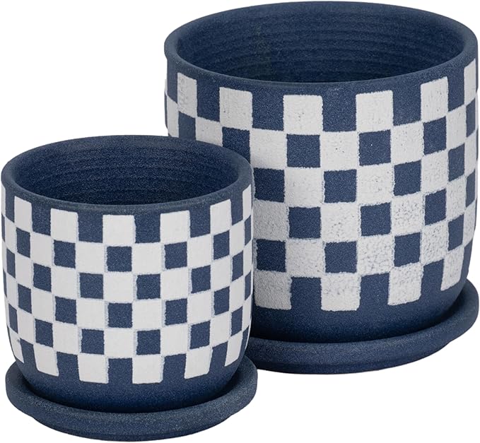 Ceramic Planters Set – Planters with Drainage for Healthy Roots, Indoor Planter and Patio Decor Placement, Checkered Design Accent for Modern Outdoor Home Decor – 6" and 5", Blue and White