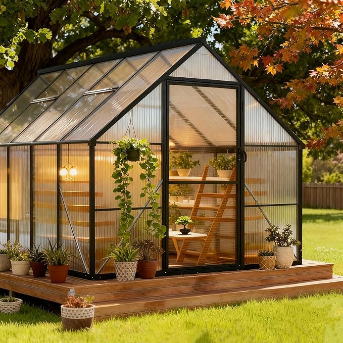 8x10 FT Outdoor Greenhouse for Winter Greenhouse Kit with Aluminum Frame, Polycarbonate Panels, Lockable Door, Adjustable Roof Vent, Heavy Duty Walk-in Design for Backyard, Garden and Patio