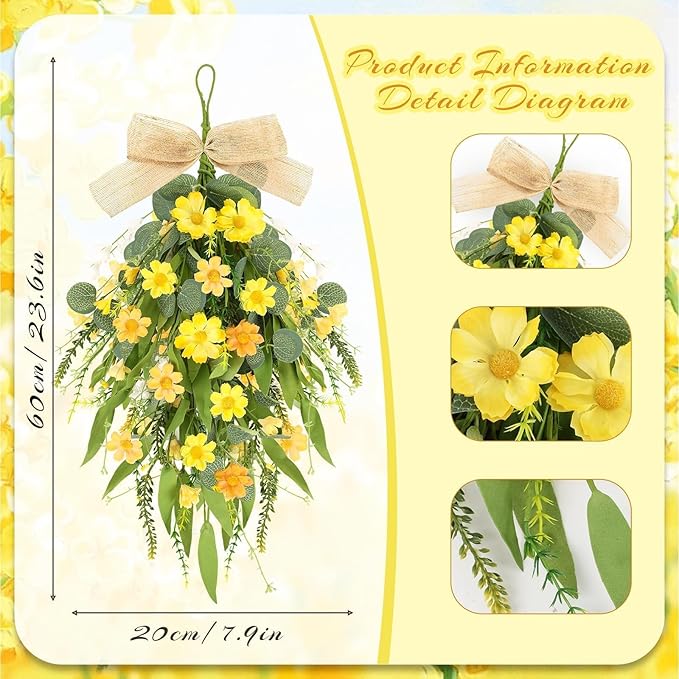 2 Pcs 24" Artificial Summer Flower Teardrop Swag for Front Door Spring Wreath Yellow Wild Daisy Swags Wreaths Floral Hanging Wreaths for Kitchen Cabinet Window Wall Wedding Party Home Decor
