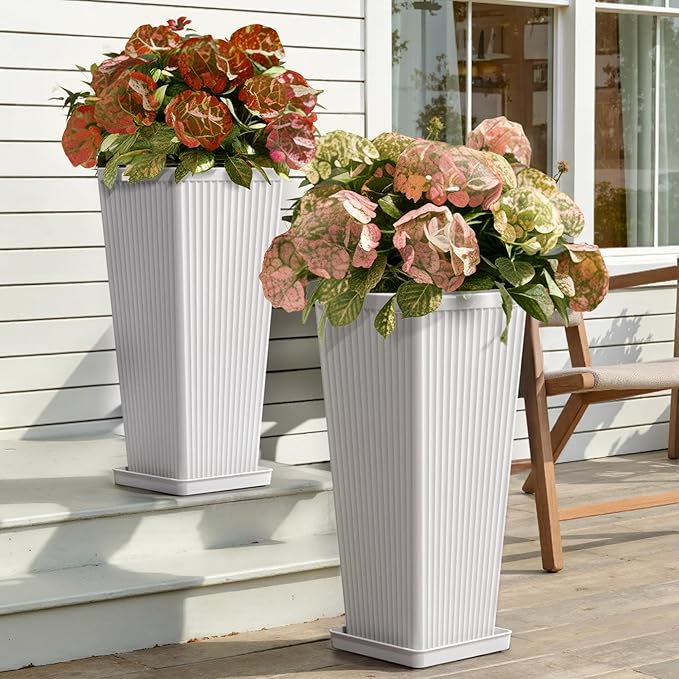 Trygoal Square Tall Planters for Outdoor Plants Set of 2-23.6" Modern Tapered Indoor Flower Pots with Drainage Holes/Partition/Tray, Large Outdoor Planters for Porch Patio Garden Front Porch, White