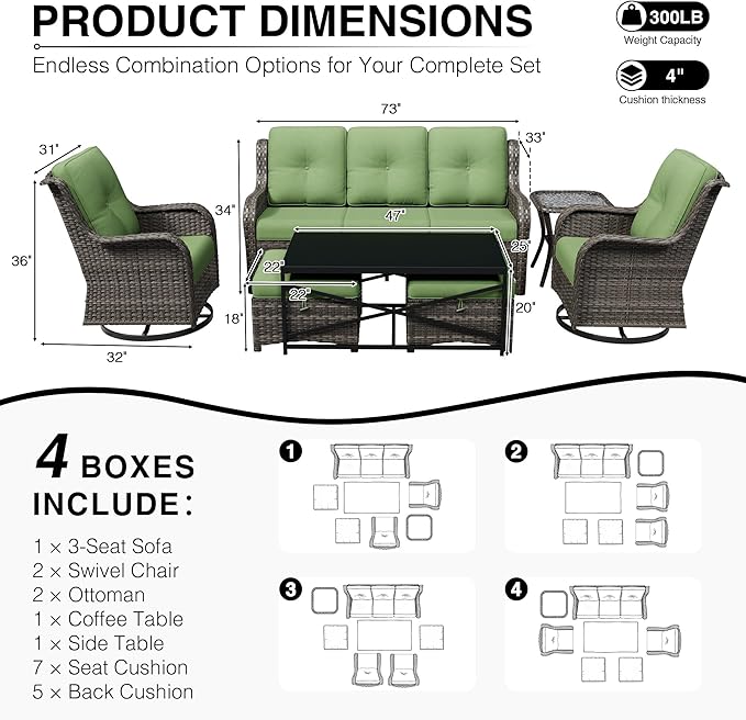 Joyside 7 Piece Wicker Patio Furniture Set, Outdoor Swivel Rocker Patio Chairs with High Back, Deep Seating, Wide Armrest, Thickened Cushions, Outdoor Furniture for Deck, Porch Use