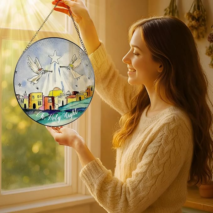 8'' Bethlehem Religious Stained Glass Suncatcher, Window Hanging Decor, Oh Holy Night Ornament, Christian Holiday Decor, Christian Gifts, Religious Gifts, Gift for Christmas