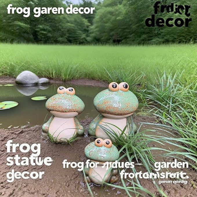 Frog Decor for Outdoor Garden Set of 3 - Cute Ceramic Frog Statues for Lawn, Pond, Patio, or Porch - Whimsical Ornaments, Funny Yard Decor, Ideal Chrismtas Gifts Decorations for Mom Grandma (Green)