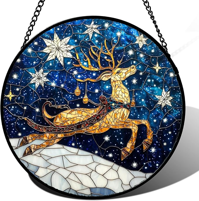 HWRHTR Stained Glass Window Hanging - Reindeer Blue Starry Sky Suncatcher for Doors Home Christmas Decoration Winter Sun Catcher Thanksgiving New Year Birthday Gifts for Women Men Mom Nana 7.8 in