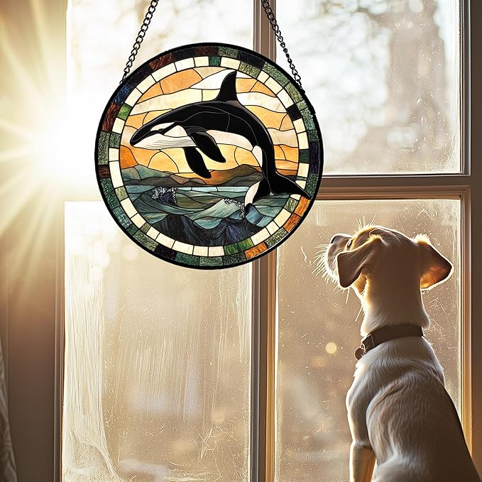 Stained Glass Window Hanging Ocean Wave Killer Whale Large 15" - Suncatcher Door Garden Sunroom Sun Catcher Home Decor Birthday Christmas for Mom Men Woman Nana