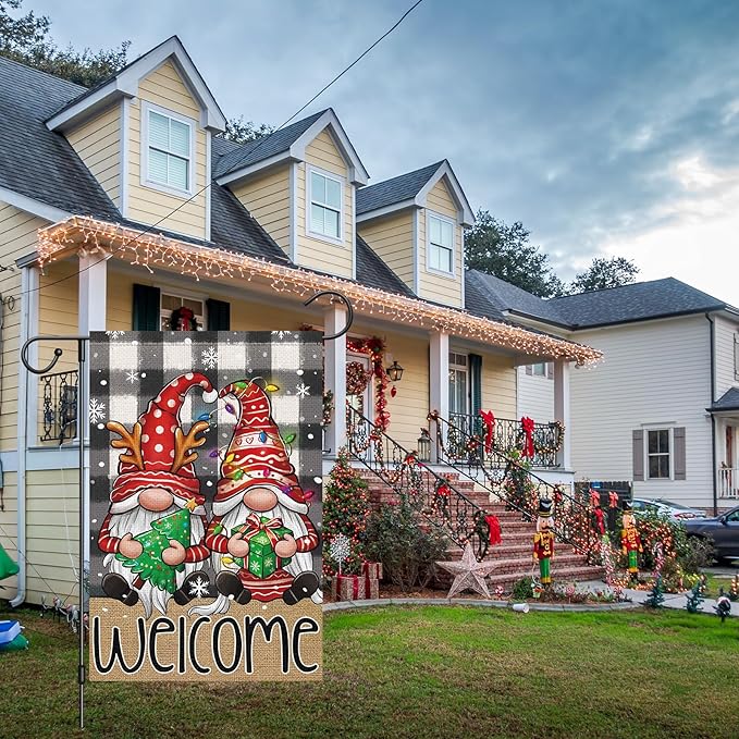 Welcome Christmas Garden Flag，Buffalo Plaid Gnome 12x18 Inch Double Sided Burlap Yard Flag for Winter Farmhouse Holiday Outdoor Decor