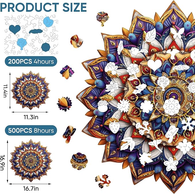 Delobil Jigsaw Puzzles for Adults, Mandala Flower Wooden Puzzles 200 Pieces, Geometric Art Gold Round Jigsaw Puzzles for Adults and Kids, Family Puzzle Games Gift Puzzle, 11.4 x 11.3 Inches