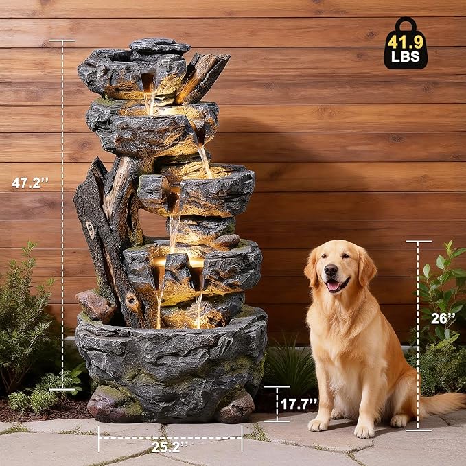 47.2" H Large Water Fountain Outdoor - 5 Tiers Cascade Floor Standing Rock Wood Like Waterfall Fountain with LED Lights for Garden Patio Backyard Porch Home Decor