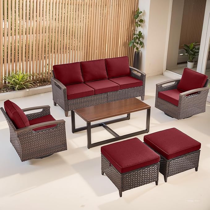 Rilyson Wicker Outdoor Patio Furniture Set - 6 Piece Patio Conversation Sets with Swivel Rocker Chairs, Sofa, Ottomans and Coffee Table, Thick Cushions, Waterproof Wicker, for Porch Deck Brown/Red
