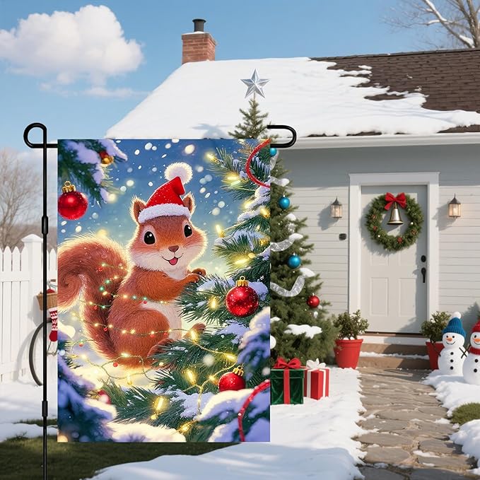 IVN Christmas Garden Flag 12x18 Inch Cute Squirrel in Santa Hat with Red Ball Ornaments and Snowy Tree Flag Double Sided Outdoor Yard Banner for Porch Lawn Patio Decor Holiday Winter