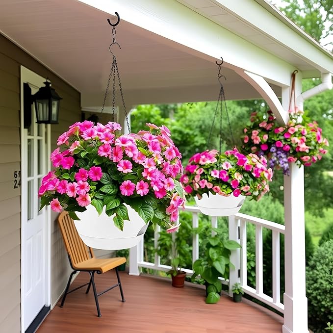 zople 2 Pack 12 Inch Large Hanging Planters with Chains Self Watering White Plastic Hanging Pots for Indoor Outdoor Plants, Garden Porch Home Decor，White
