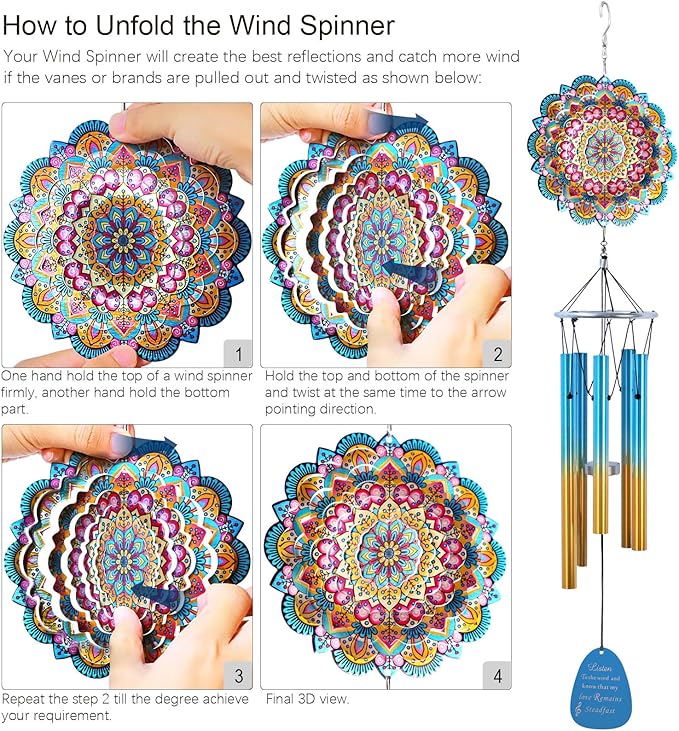 Aoedelyart Wind Chimes for Outside with Wind Spinner Mandala Lucky Star,33" Memorial WindChimes Outdoor Garden Decorations,Suitable for Zen Patio,Gifts for Mom Women Wife Grandma,Christmas Ornaments