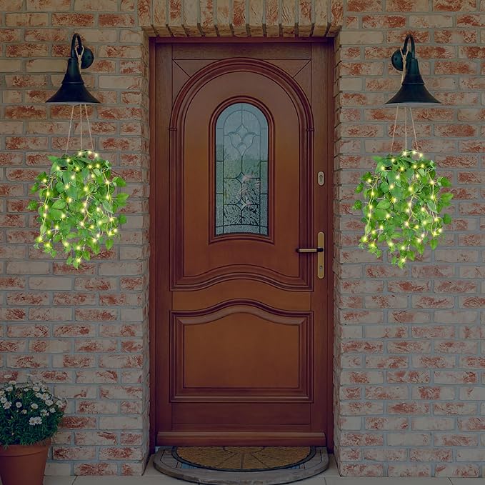 2 Pack Hanging Plant Fake Hanging Plants with LED Lights, Artificial Hanging Plant with Pots, Artificial Plants for Home Decor Wall Indoor Outdoor Office Decor