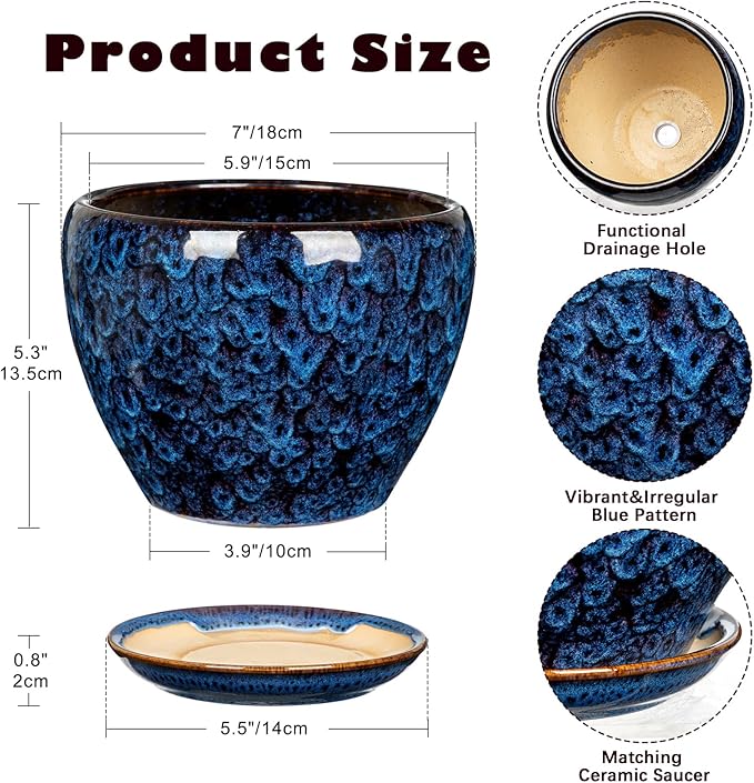 Hollyone 7inch Ceramic Planter Blue Ceramic Plant Pot for Plants Flowers with Drainage Hole and Saucers Ceramic Glaze Round Flower Plant Pot for Indoor Outdoor Medium Round Succulent Orchid Flower Pot