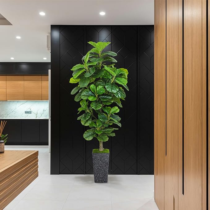 KOPWVA Artificial Fiddle Leaf Fig Tree 6ft, 6 Feet Large Tall Fake Plants Indoor with Modern Style Planter, Artificial Silk Tree for Home Office Living Room Decor Indoor, More Lifelike & Lush (Black)