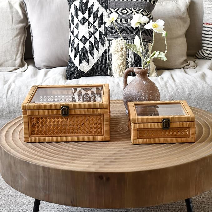 Rattan and Cane Square Stacking Boxes with Glass Top Lid - Set of 2 for Boho, and Rustic Farmhouse Decor