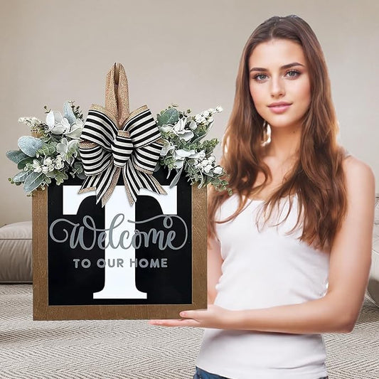 Ultra Large 14'' Last Name All Year Round Front Door Wreath with 26 Initial Letter Welcome Sign All Seasons Eucalyptus Garland and Bow Wreaths for Front Door Porch Farmhouse Decoration (T)