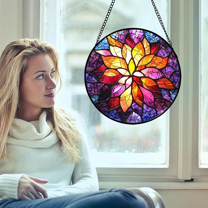 AMDERVEN Stained Glass Window Hanging, Fuchsia Abstract Flowers Suncatcher for Window Home Decor Orange Sun Catcher Mother's Day Birthday Gifts for Women Men Mom Nana 9.8 in