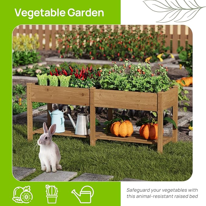 Raised Garden Bed, Planter Box with Storage Shelf, Elevated Wooden Planter Box with Legs, Garden Planter for Backyard, Patio, Balcony, Natural Wood (Brown, L)