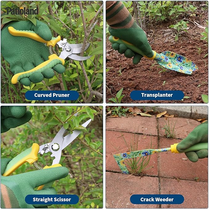 Patioland 10-Piece Garden Tool Set – Green Floral Gardening Hand Tools with Non-Slip Handles, Heavy Duty Rust-Proof Aluminum Tools, Organizer Tote Bag, Ideal Gardening Gifts for Women & Grandma
