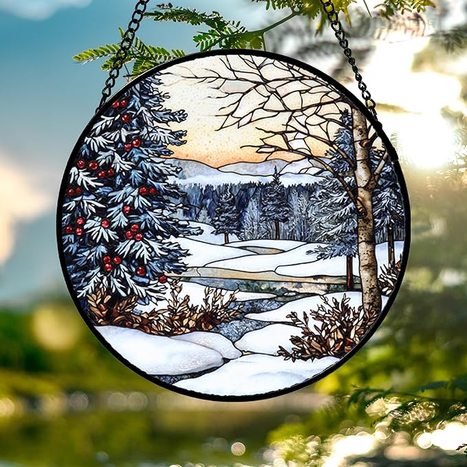 DASTOLL Stained Glass Window Hanging, Winter Snow Landscape Suncatcher Diamond Glass Panel Sun Catchers Decor for Birthday for Women, Men, Wife, Aunt, and Mom 14.9 in