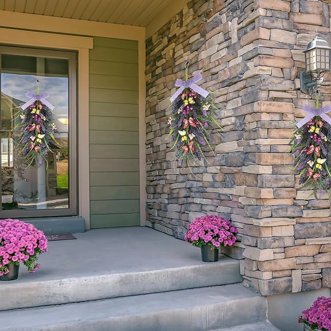4 Pcs 22" Artificial Lavender Teardrop Swag Wreaths for Front Door Spring Summer Butterfly Berries Wreath Purple Floral Hanging Wreath for Farmhouse Home Porch Wall Window Festival Wedding Decor