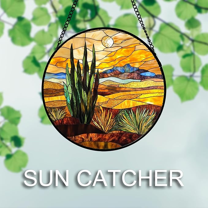 DASTOLL Stained Glass Window Hanging 4 Pcs Set Desert Sunset Theme Landscape 7.8" - Suncatcher Door Garden Sun Catcher Decor Birthday Christmas for Mom Woman Nana Men