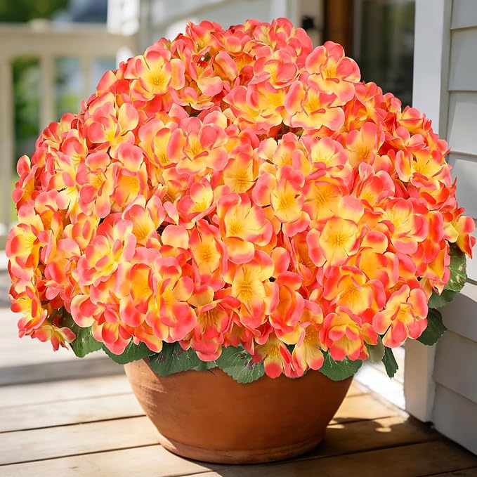 Artificial Fall Flowers for Outdoors, 6 Bundles Realistic Silk Fake Geraniums, No Fade Autumn Faux Plants for Hanging Baskets, Window Boxes, Planters - Porch, Patio, Garden Decor(Sunset)