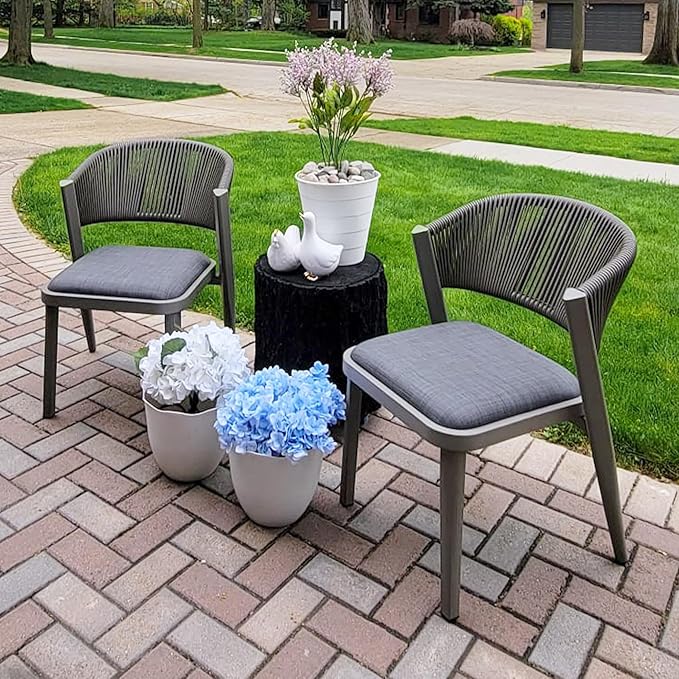 PURPLE LEAF 2 Pieces Outdoor Dining Chair All-Weather Wicker Aluminum Frame Patio Dining Chair for Lawn Garden Backyard Deck with Cushion, Gray