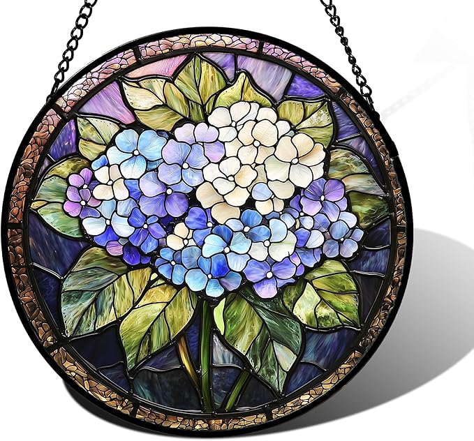 DASTOLL Stained Glass Window Hanging, Hydrangea Flowers Sun Catchers Diamond Glass Panel Hangings Plant Suncatcher Decor for Birthday for Women, Men, Wife, Aunt, and Mom 11.8x11.8 in