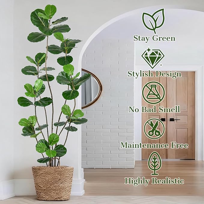Artificial Fiddle Leaf Fig Tree 7FT- Tall Faux Tree with 54 Lifelike Leaves, 8 Heads, 84" Large Ficus Lyrata Fake Potted Plant for Home Office Living Room Corner Porch Indoor Decor
