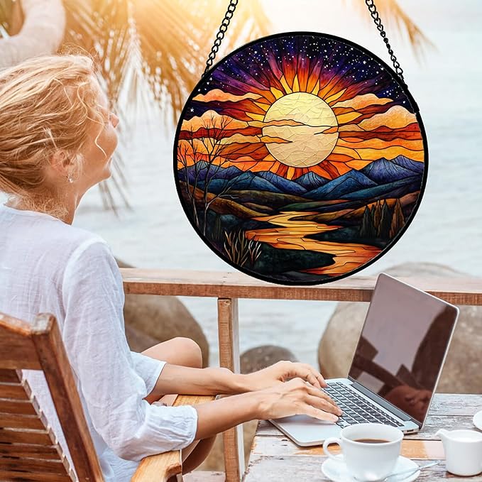 DASTOLL Stained Glass Window Hanging, The Sun Shines Brightly on Lake Sun Catchers Colorful Glass Panel Suncatcher Decor for Birthday for Women, Men, Wife, Lovers, and Mom 14.9x14.9 in