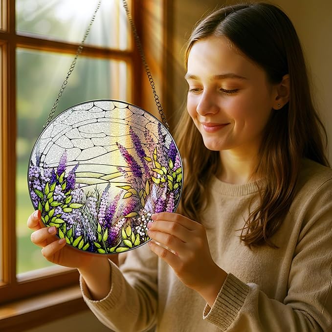 Lavender Flower Stained Glass Suncatcher, Stained Glass Window Hanging, 8 Inch Green Plants Suncatcher Decor for Birthday for Women, Wife, Lovers, Mom, Grandma, Gift Idea
