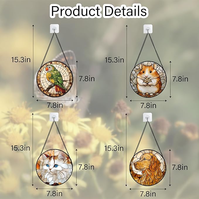 Stained Glass Window Hanging 4 Pcs Set Cute Cat and Dog 7.8" - Animal Suncatcher Door Garden Sun Catcher Decor Birthday Mother's Day for Mom Woman Nana Girl Boy Friend
