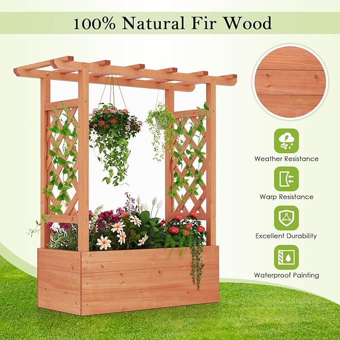 HAPPYGRILL Raised Garden Bed w/Trellis, 2 Wooden Elevated Planter Box w/Hanging Roof, Drainage Holes & Removable Bottom Panels for Climbing Vine Flower, Indoor Outdoor Wood Planter for Yard Patio