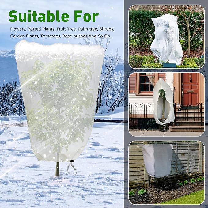 4 Pack Winter Plant Covers Freeze Protection, 47 "x 31" Thickened Frost Blankets for Outdoor Plants, Fruit Trees, Shrubs & Potted Plants | Reusable Cloth Plant Covers Jacket with Drawstring-White