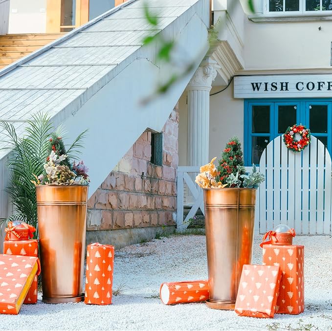 UltiTeque 28in Tall Copper Planters Set of 2,Galvanized Steel Tall Outdoor Planter for Indoor/porches- Copper Color(2planters,2inner pots with Holes,2trays)