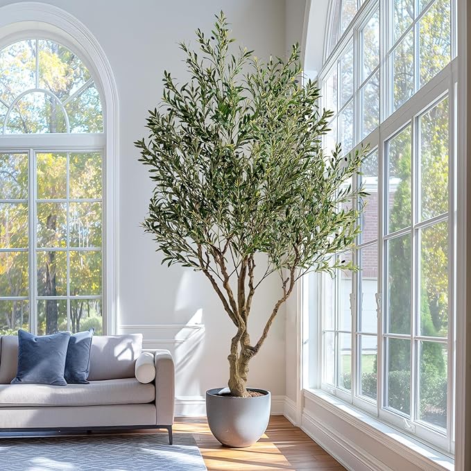 Erimda 7.5FT Artificial Olive Tree Tall Faux Silk Plant Tall Faux Olive Tree with Natural Wood Trunk & Lifelike Fruits Fake Potted Tree or Home Office Decor