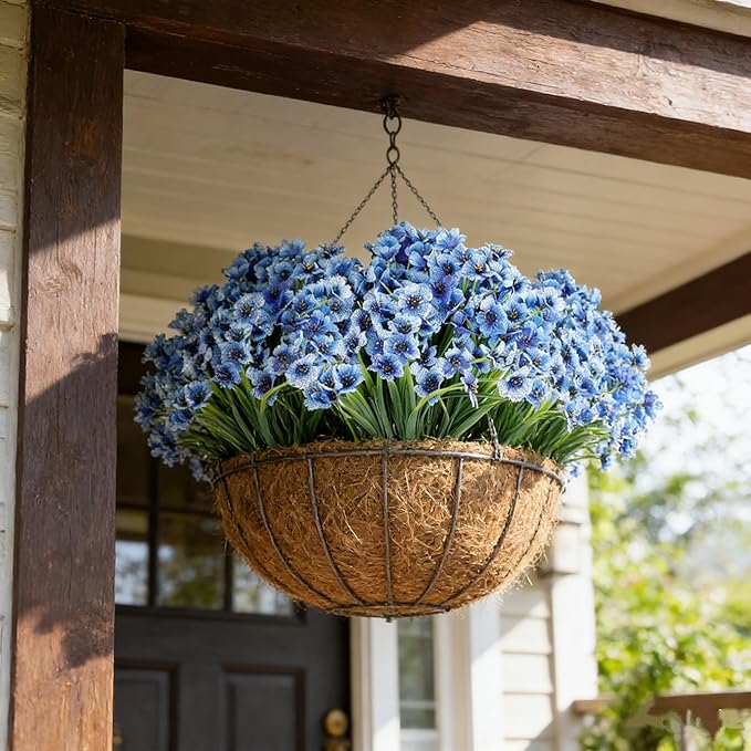 AmyHomie 20 Bundles Artificial Flowers for Outdoor UV Resistant Faux Flowers No Fade Fake Plastic Plants Garden Porch Window Box Decorating(Blue)